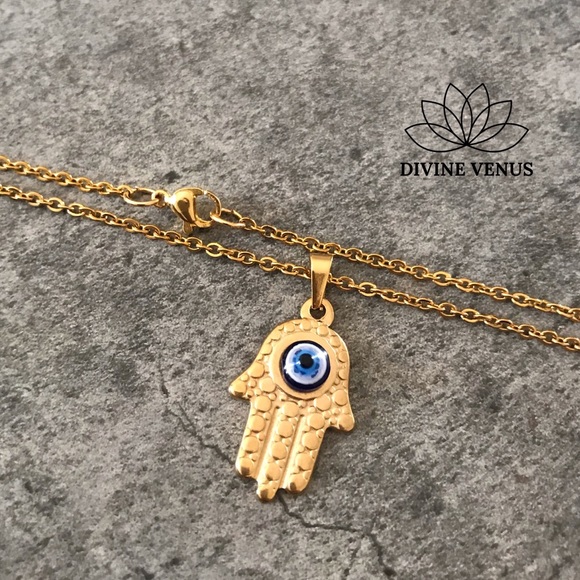Hamsa Evil Eye Gold Plated Stainless Steel Neckace - Picture 2 of 5